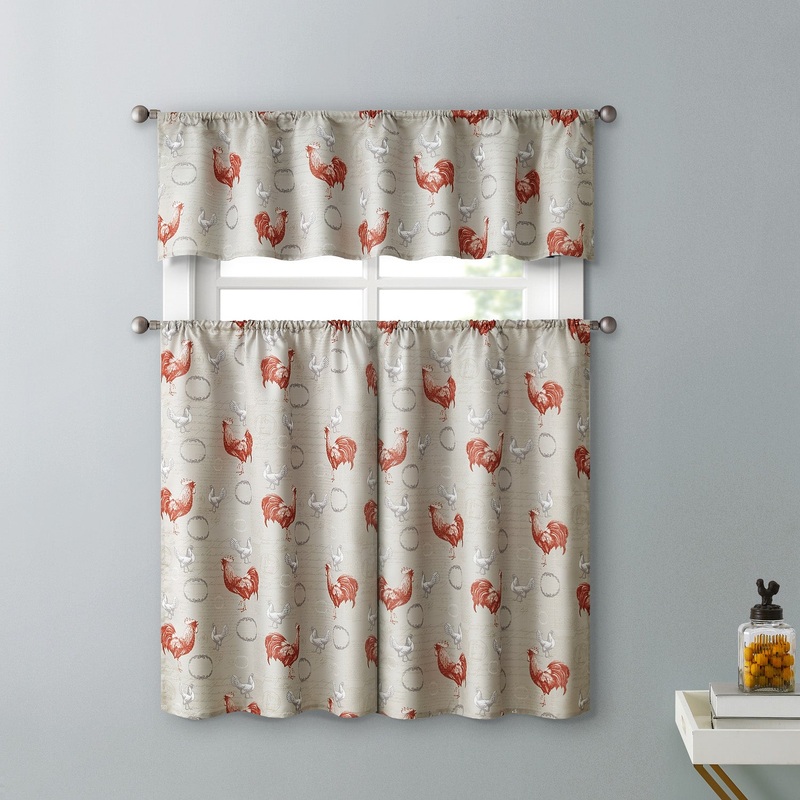 Rooster 3-Piece Kitchen Curtain Set, Red, Tiers 28x36, Valance 56x14 Inches