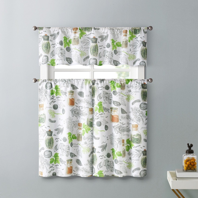 Spices 3-Piece Kitchen Curtain Set, Green, Tiers 28x36, Valance 56x14 Inches