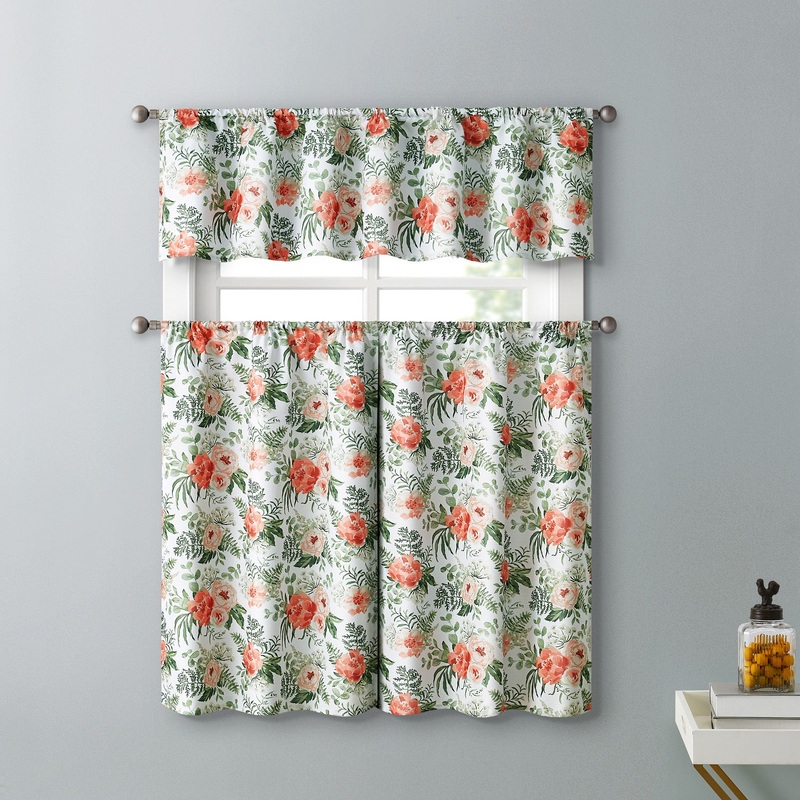 Spring Affair 3-Piece Kitchen Curtain Set, Pink, Tiers 28x36, Valance 56x14 Inches