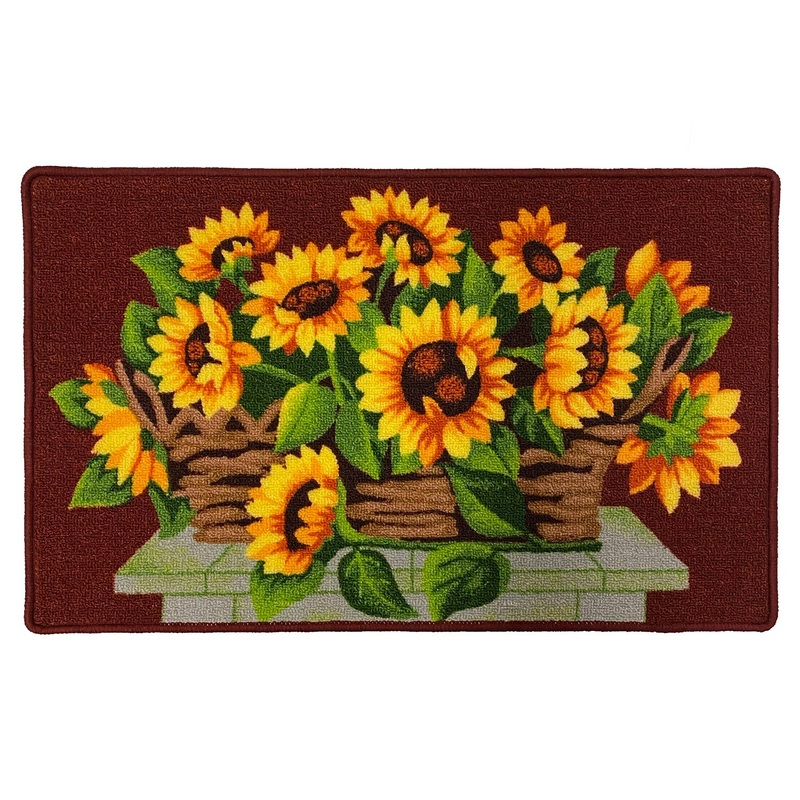 Sunflower Basket Printed Skid Resistant Decorative Kitchen Rug, Burgundy, 18x30 Inches