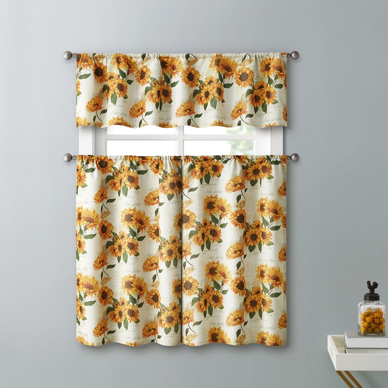 Sunflower Field 3-Piece Kitchen Curtain Set, Yellow, Tiers 28x36, Valance 56x14 Inches