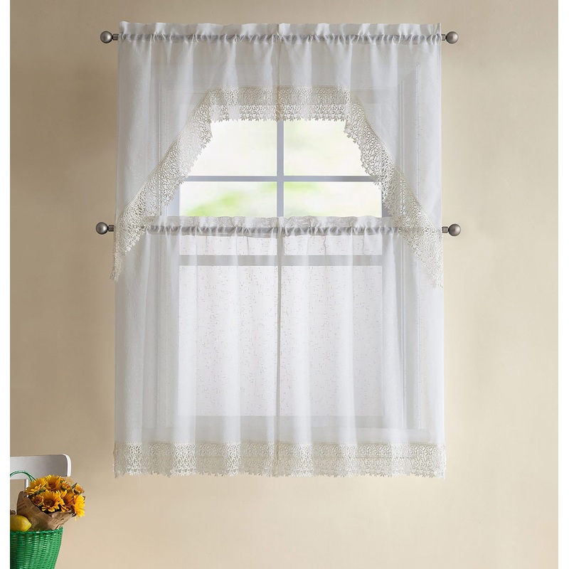 Theresa 4-Piece Macrame Kitchen Curtain Set, Ivory, Tiers 27x36, Swags 27x36 Inches