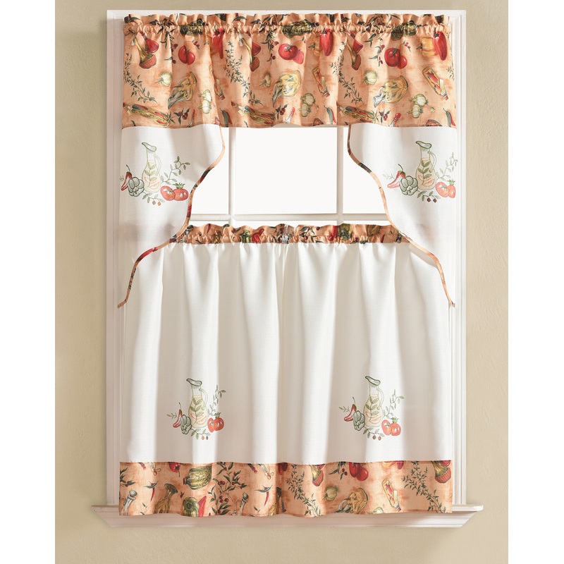 Urban Vegetable Embroidered Kitchen Curtain Set, Orange, Tier 30x36, Valance 60x36 Inches