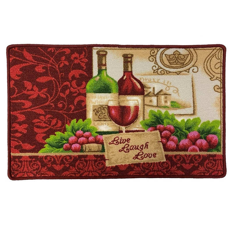 Wine and Champagne Printed Skid-Resistant Kitchen Rug Mat, Burgundy, 18x30 Inches