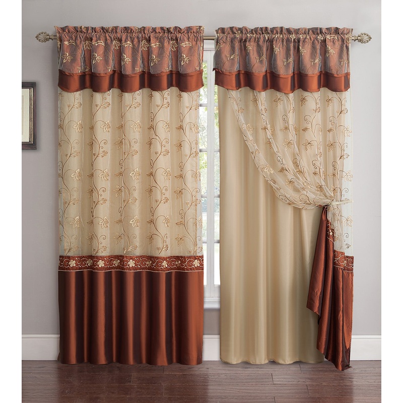Audrey Embroidered Rod Pocket Panel With Attached Valance and Backing, 55x90 Inches