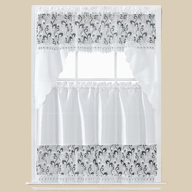 Claudia 3-Piece Embroidery Kitchen Curtain Tier and Swag Set, White-Black, 60x36 Inches