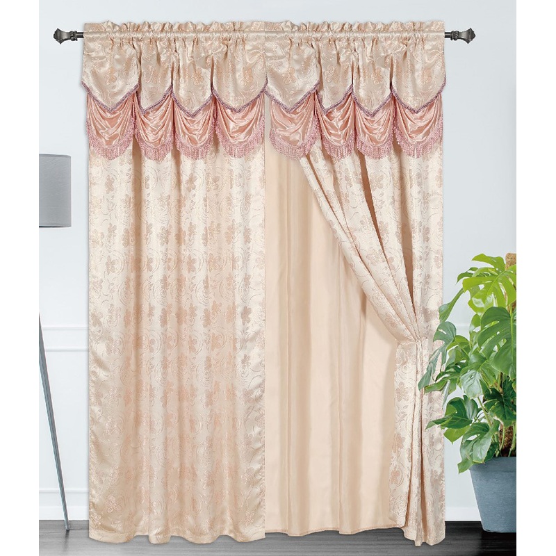 Devika Jacquard Rod Pocket Panel With Attached Valance and Backing, Blush, 54x84 Inches