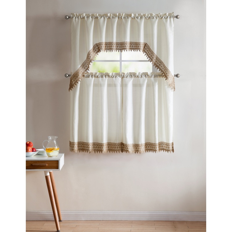 Jill 3-Piece Faux Silk Macrame Kitchen Curtain Set, Beige-Gold, Tiers 29x36, Valance 58x36 Inches