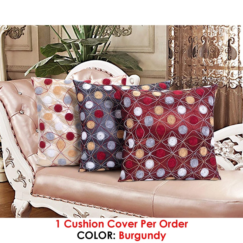 String Art Geometric Embroidered Silky Cushion Cover, Burgundy, 18x18 Inches