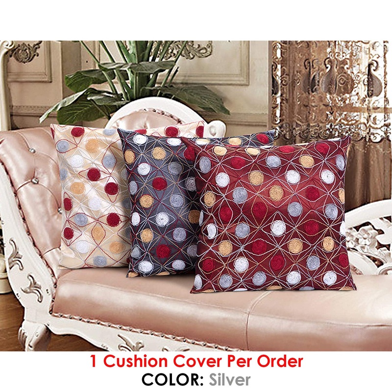 String Art Geometric Embroidered Silky Cushion Cover, Silver, 18x18 Inches