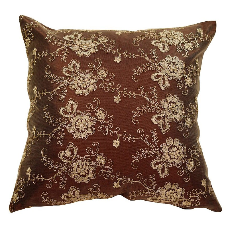 Swiss Embroidered Vintage Floral Design Cushion Cover, Brown, 18x18 Inches