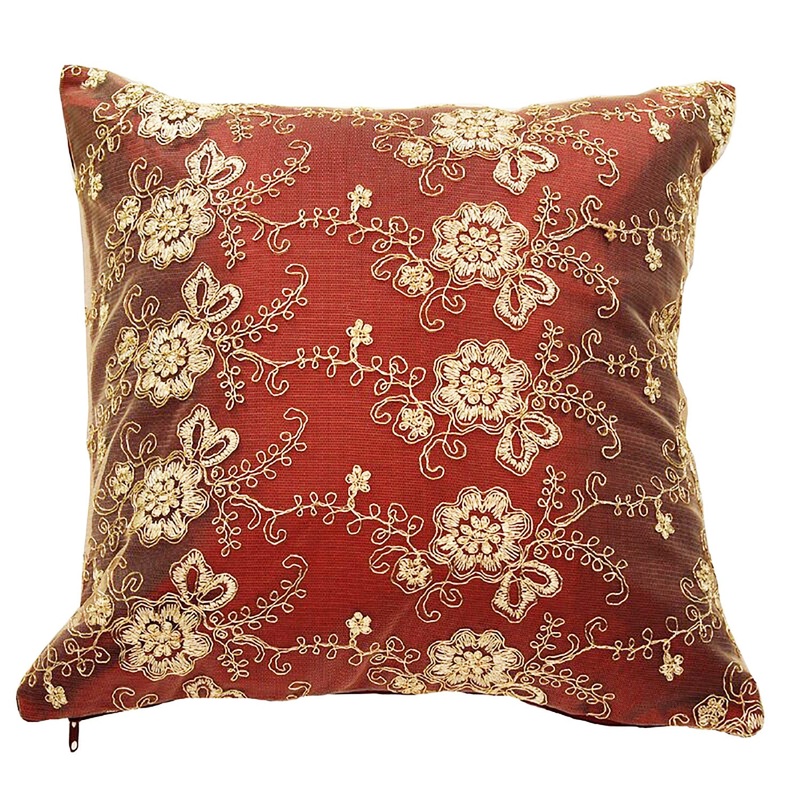 Swiss Embroidered Vintage Floral Design Cushion Cover, Burgundy, 18x18 Inches