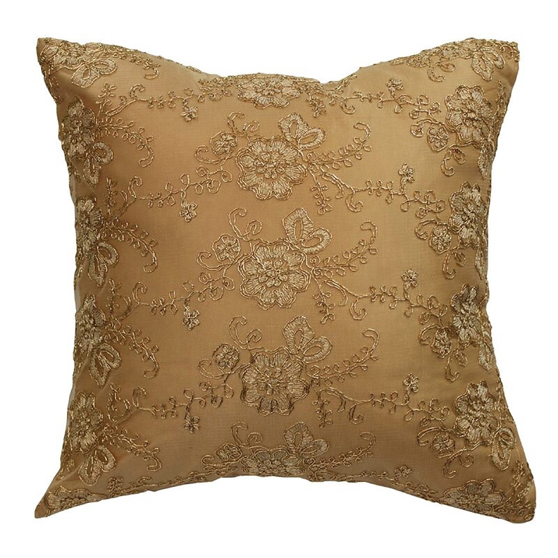 Swiss Embroidered Vintage Floral Design Cushion Cover, Gold, 18x18 Inches