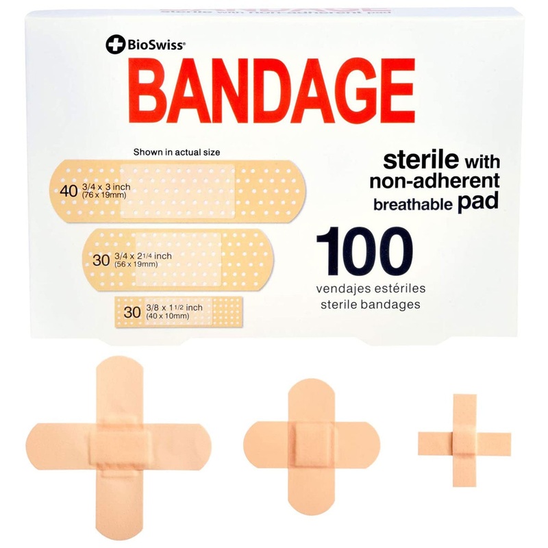 Bio Swiss Adhesive Sterile Bandages With Assorted Sizes, 100 Count