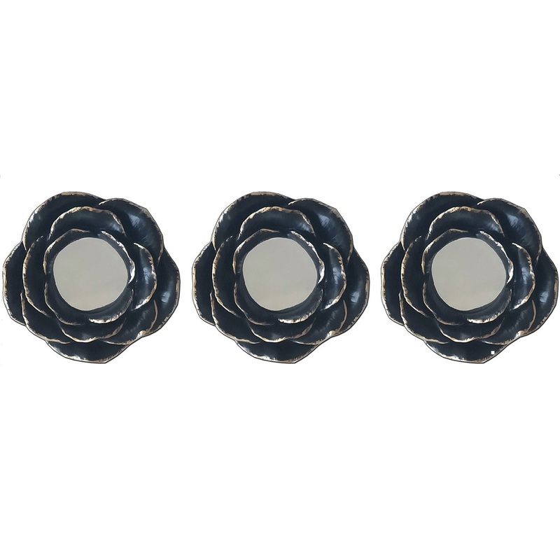 Premius 3 Piece Resin Floral Mirror Set Wall Decor, Black, 8 Inches