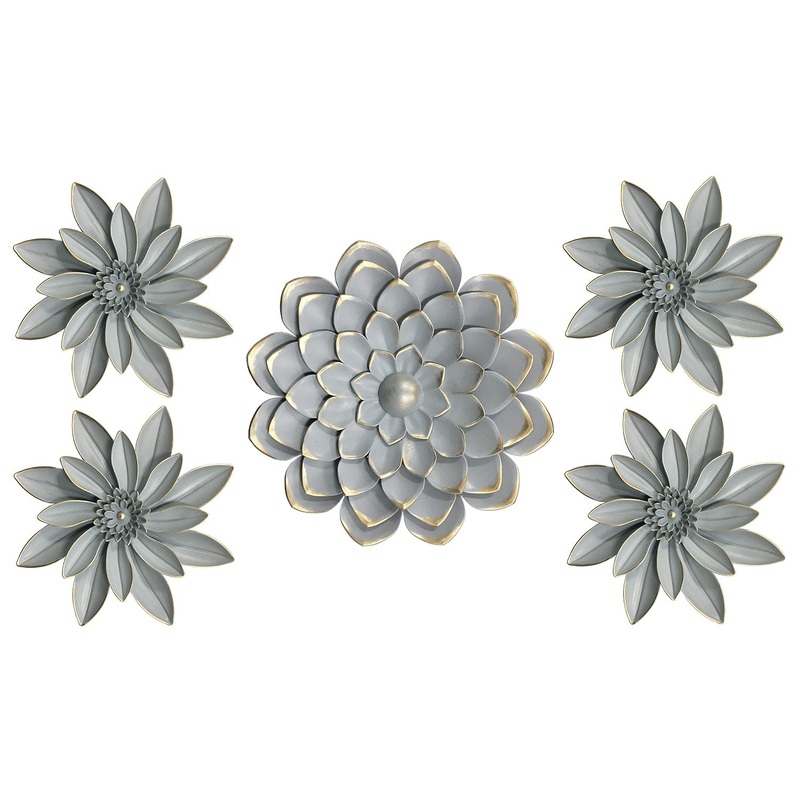 Premius Mixed 5 Piece Metal Floral Wall Decor Set, Gray, 35x21 Inches