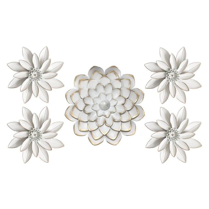 Premius Mixed 5 Piece Metal Floral Wall Decor Set, White, 35x21 Inches