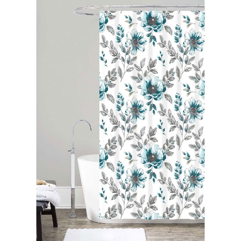 Blossom Printed Canvas Shower Curtain, Teal-Grey, 70x72 Inches
