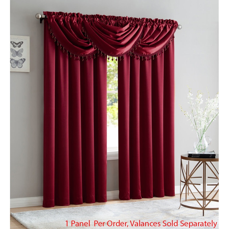 Bridget Crushed Satin Rod Pocket Panel and Waterfall Valance Window Treatments, Burgundy
