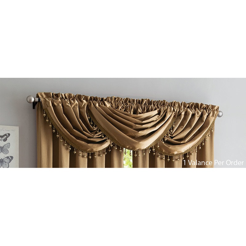 Bridget Crushed Satin Rod Pocket Panel and Waterfall Valance Window Treatments, Gold