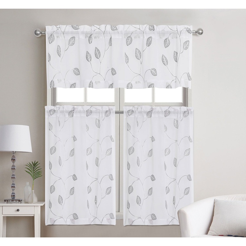 Florence 3-Piece Vine Leaves Embroidered Kitchen Curtain Set, 56x36 Inches