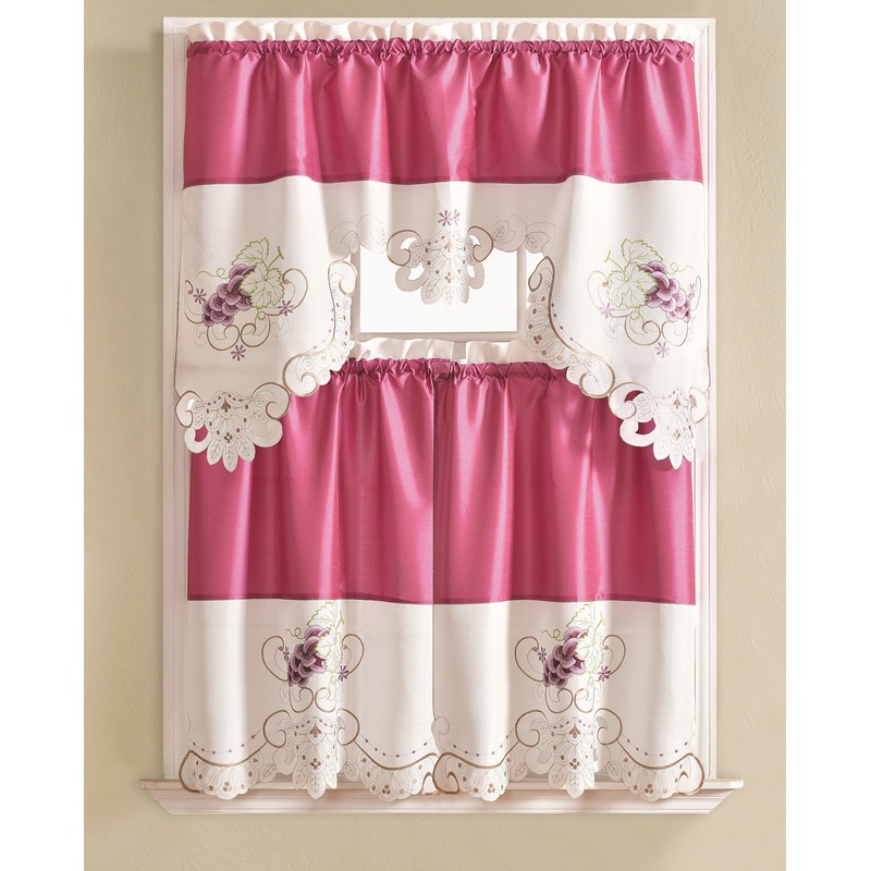 Noble Grape Embroidered Kitchen Curtain Set, Purple, Tier 30x36, Valance 60x36 Inches