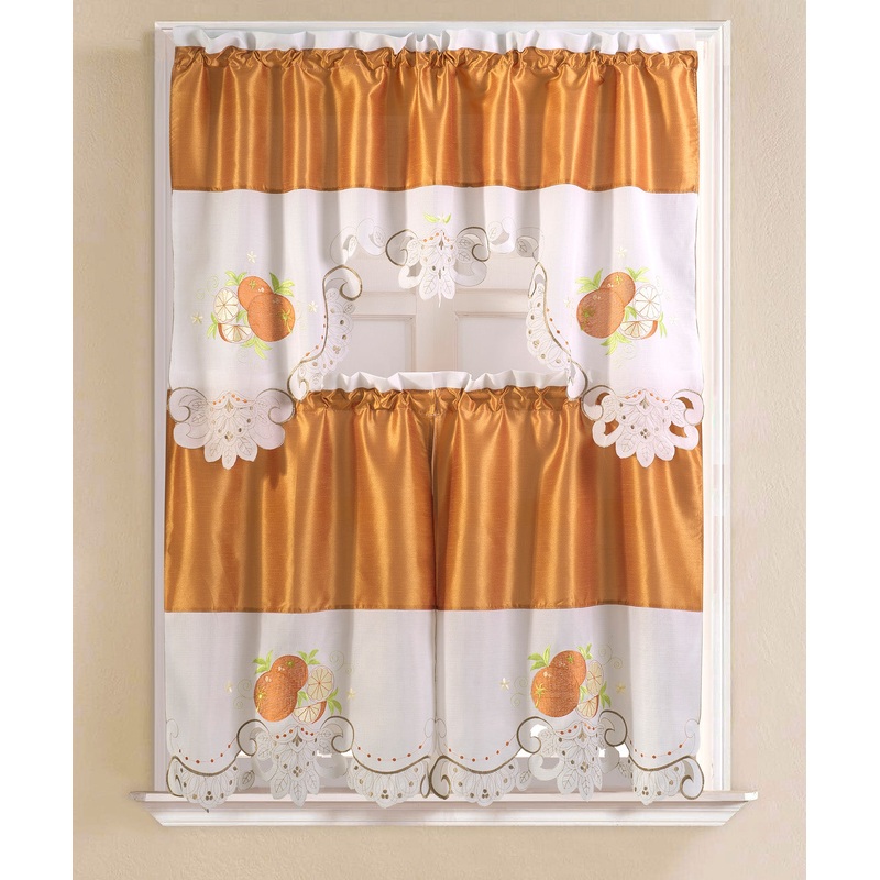 Noble Orange Embroidered Kitchen Curtain Set, Orange, Tier 30x36, Valance 60x36 Inches
