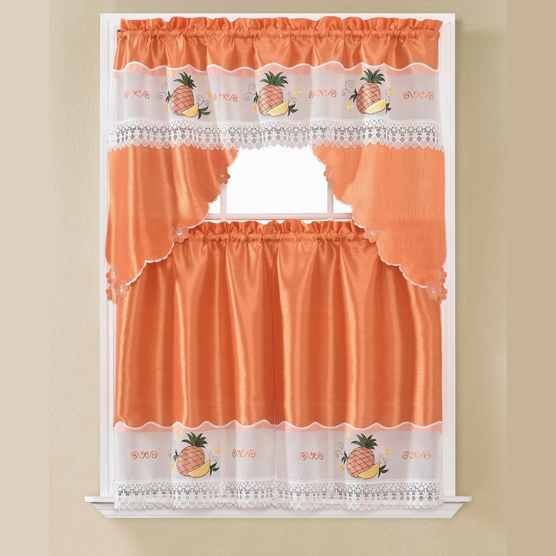 Amy 3-Piece Pineapple Embroidered Kitchen Curtain Set With Swag Valance, Orange, 60x36 Inches