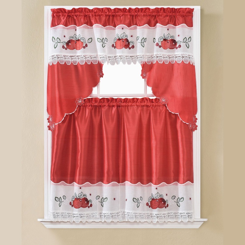 Apple 3-Piece Embroidered Kitchen Curtain Set With Swag Valance, Red, 60x36 Inches