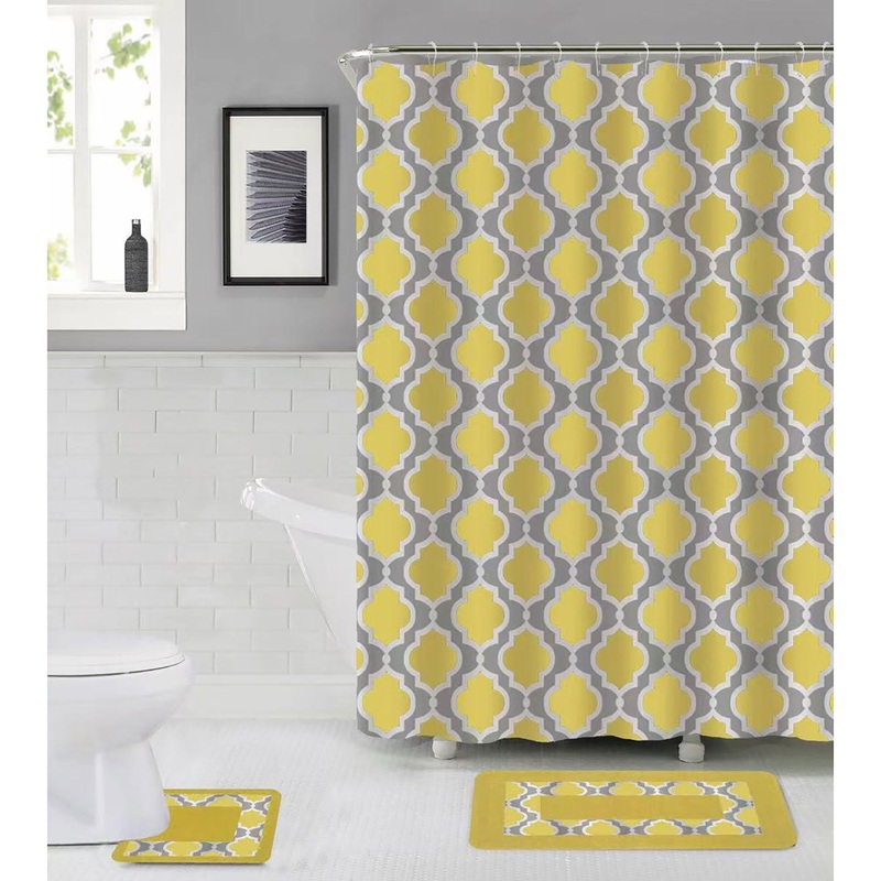 Bedford 15 Piece Trellis Banded Bathroom Mats and Shower Curtain Set, Yellow