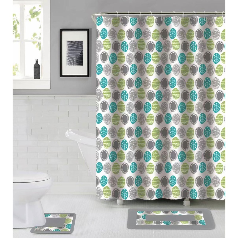 Blossom 15 Piece Banded Bathroom Mats and Shower Curtain Set, Grey