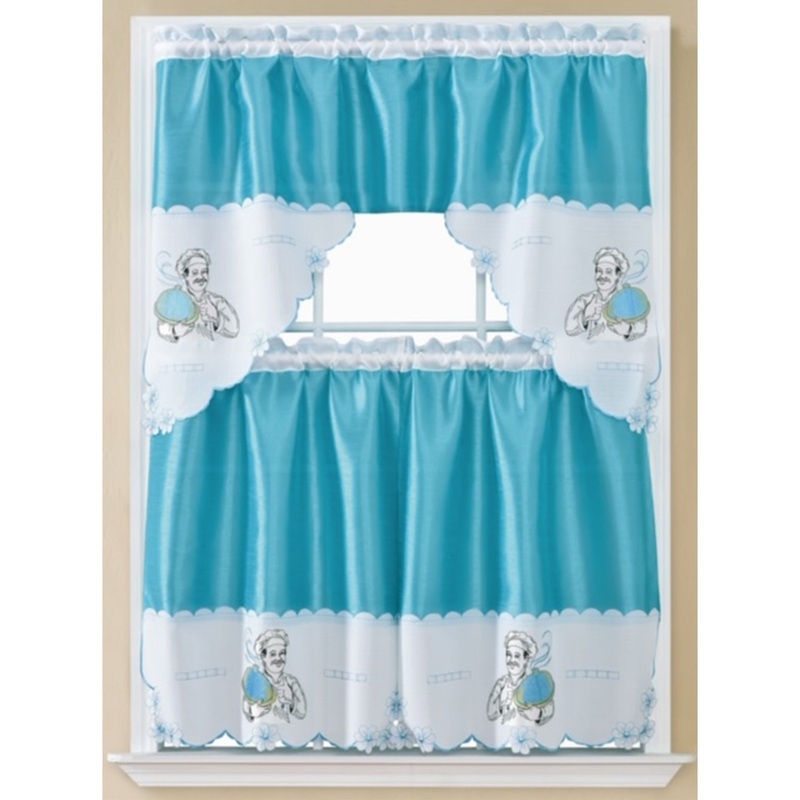 Chef 3-Piece Embroidered Kitchen Curtain Set With Swag Valance, Blue, 60x36 Inches