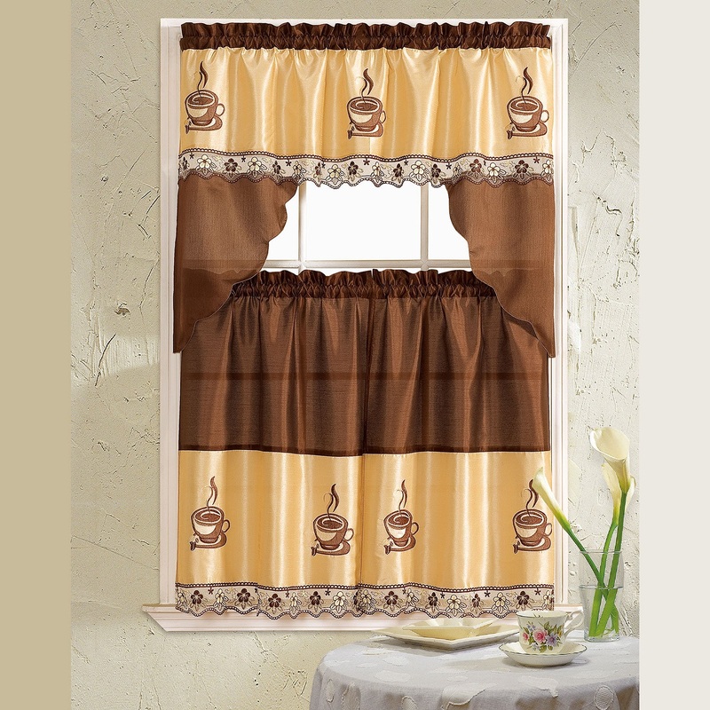 Coffee Embroidered Kitchen Curtain Tiers & Swag Set, Brown-Beige, 60x36 & 30x36 Inches