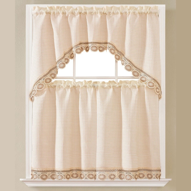 Leena 3-Piece Floral Embroidered Kitchen Curtain Set With Swag Valance, Beige, 60x36 Inches