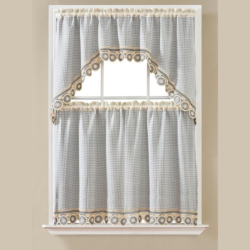 Leena 3-Piece Floral Embroidered Kitchen Curtain Set With Swag Valance, Silver, 60x36 Inches