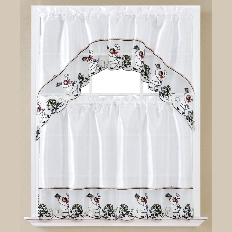 Lola 3-Piece Chef Embroidered Kitchen Curtain Set With Swag Valance, White, 60x36 Inches
