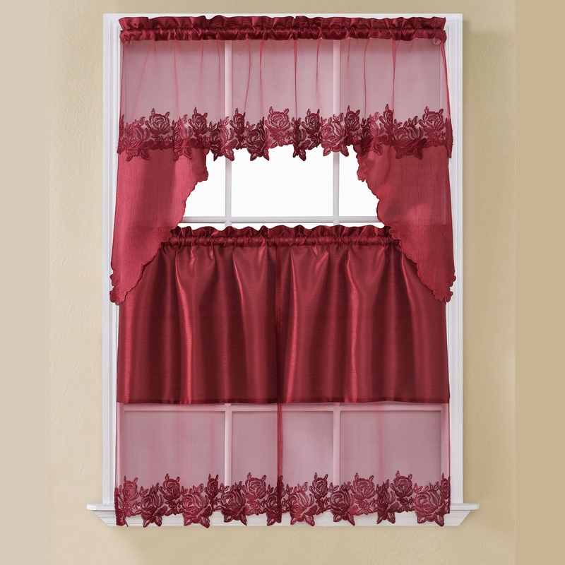 Najwa Embroidered Kitchen Curtain Set With Swag Valance, Burgundy, 60x36 Inches
