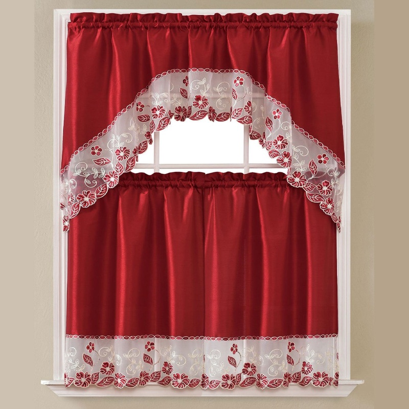 Sophia 3-Piece Embroidered Kitchen Curtain Set With Swag Valance, Burgundy, 60x36 Inches