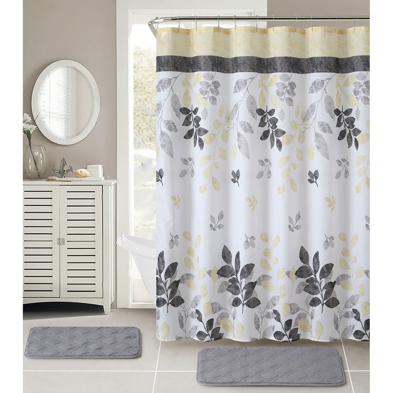 Tina 15 Piece Embossed Memory Foam Bathroom Mats and Shower Curtain Set, Taupe