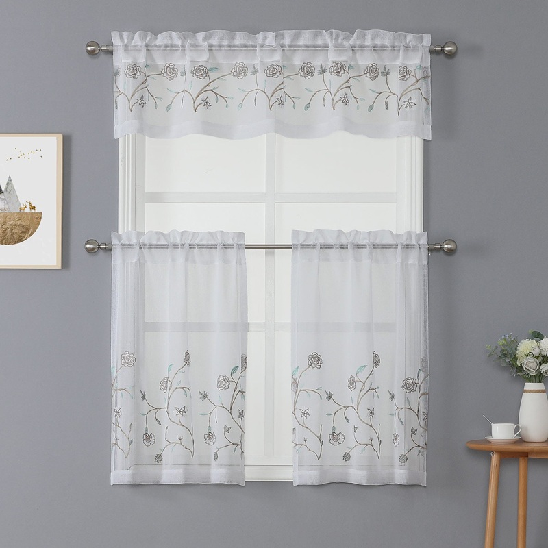 Vivian 3-Piece Floral Embroidered Kitchen Curtain Set With Valance, 60x15 Inches