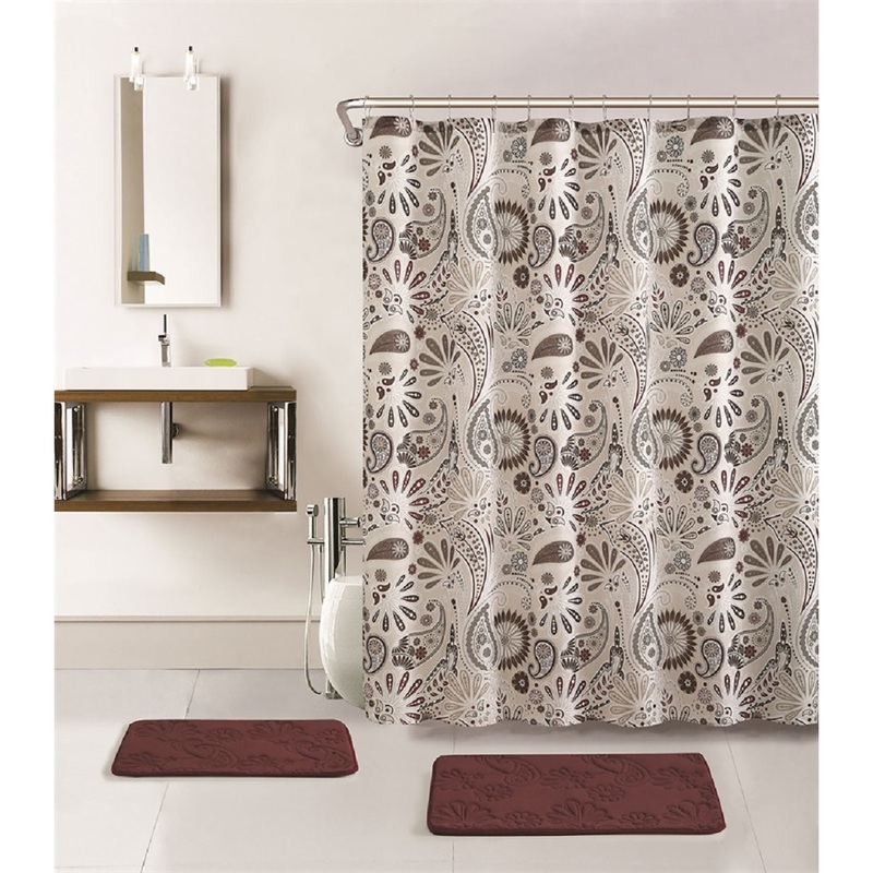 Zena 15 Piece Embossed Memory Foam Bathroom Mats and Shower Curtain Set, Brown