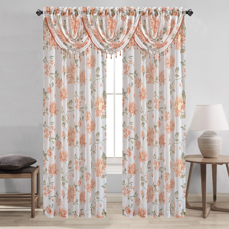 Anna Sheer Metallic Floral Rod Pocket Window Panel & Waterfall Valance, All Sold Separately