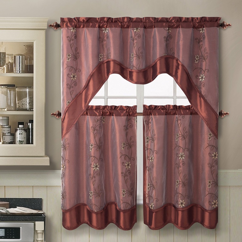Daphne 3-Piece Embroidered Kitchen Curtain Swag And Tier Set, Cinnamon, 57x36 Inches