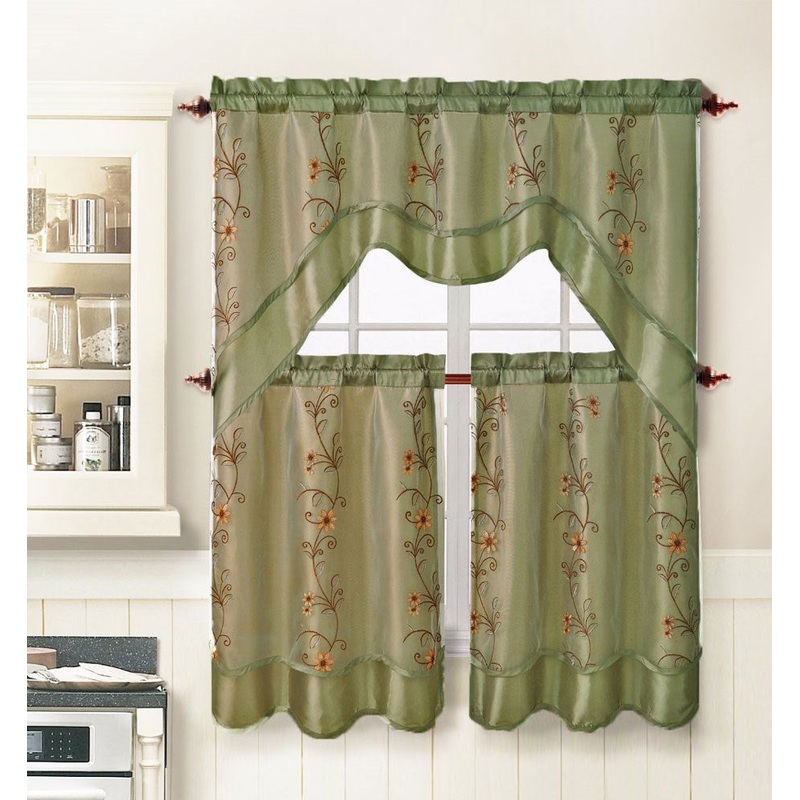 Daphne 3-Piece Embroidered Kitchen Curtain Swag And Tier Set, Sage, 57x36 Inches