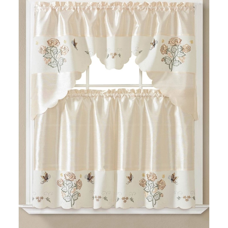 Emily 3 Piece Embroidered Kitchen Curtain Set, Beige, Swag 60x36, Tiers 30x36 Inches