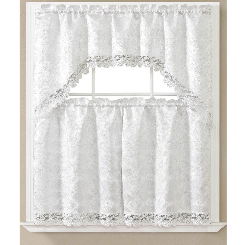 Sara 3 Piece Embroidered Kitchen Curtain Set, White-White, Swag 60x36, Tiers 30x36 Inches
