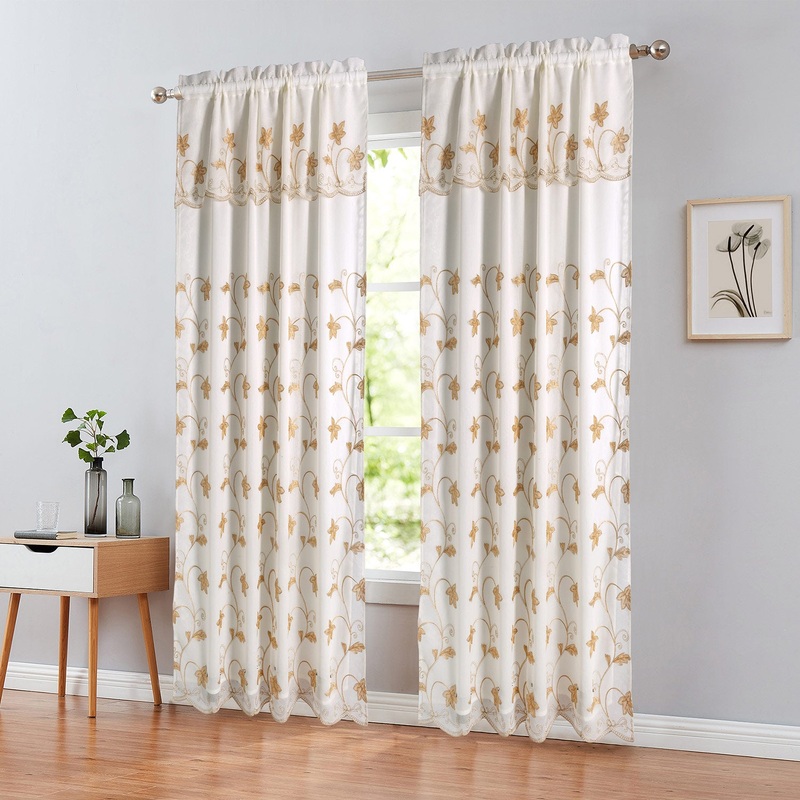 Cheryl Floral Embroidered Window Panel with Attached Valance and Backing, 54x90 Inches