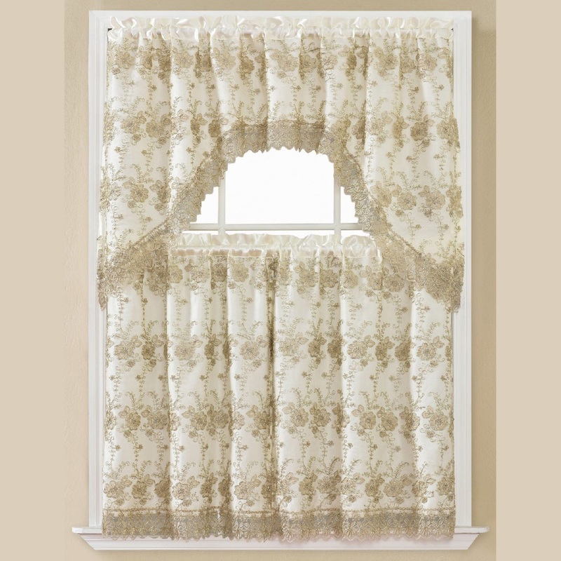 Gloria 3-Piece Floral Embroidered Kitchen Curtain Swag And Tier Set, 60x36 and 30x36 Inches