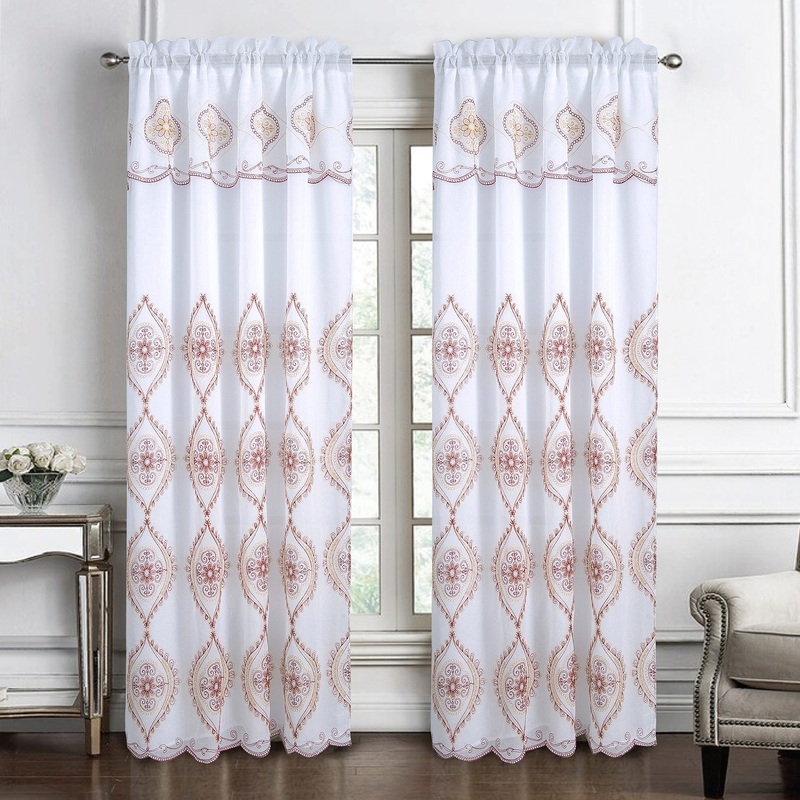 Arcadia Damask Embroidered Window Panel with Attached Valance and Backing, 54x90 Inches