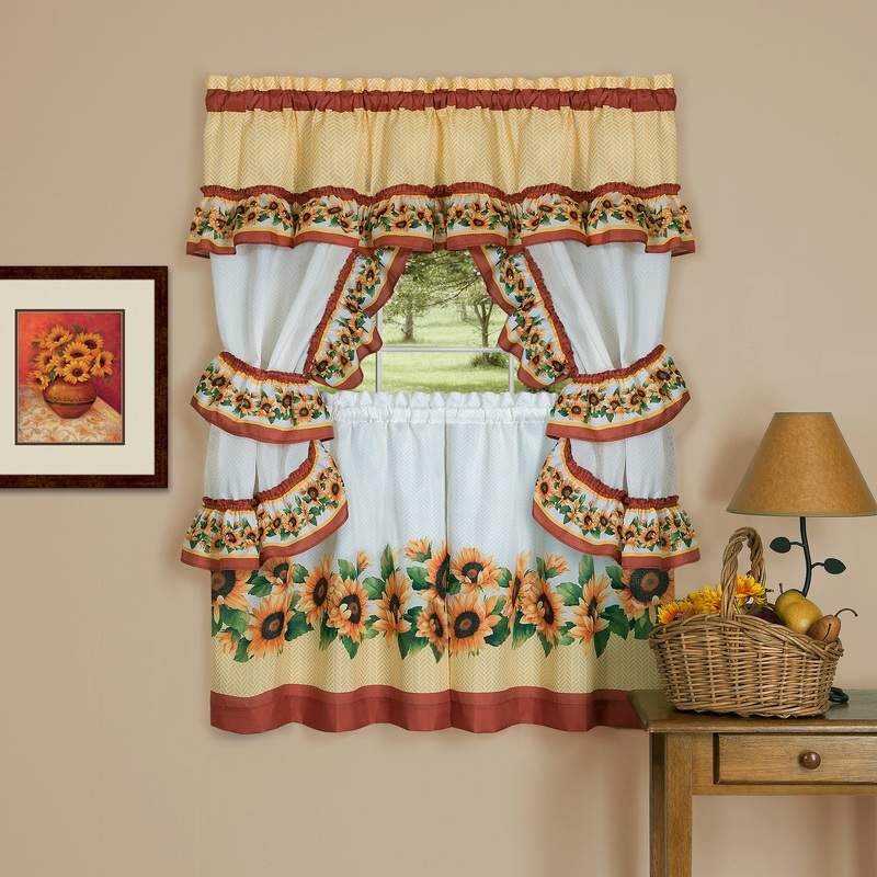 Black Eyed Susan Printed Cottage Kitchen Curtain Set, 57x24 Inches, Spice